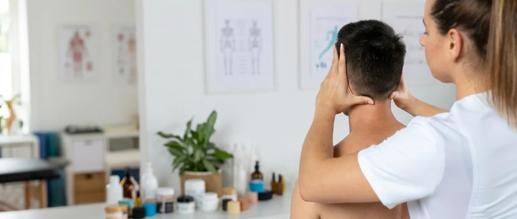 Practitioner evaluating neck movement