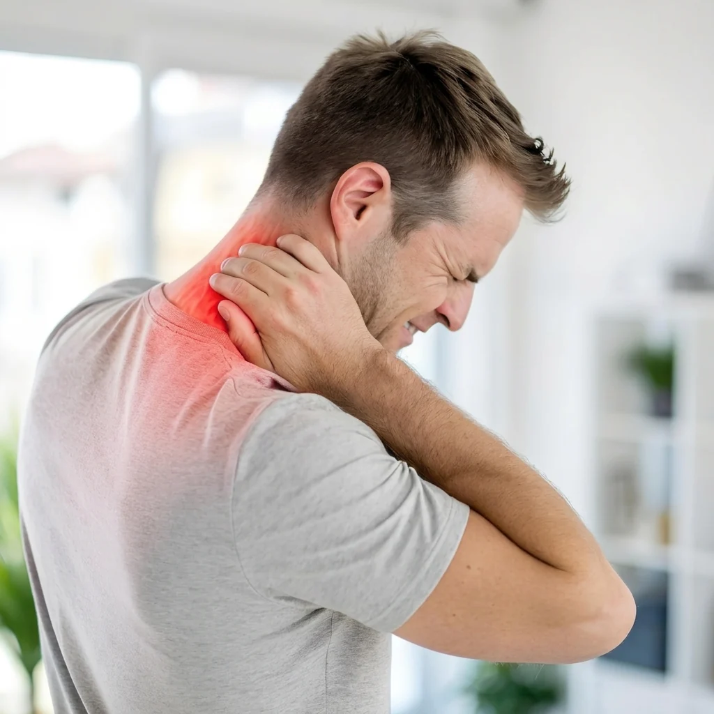 Man with a highlighted area of neck discomfort