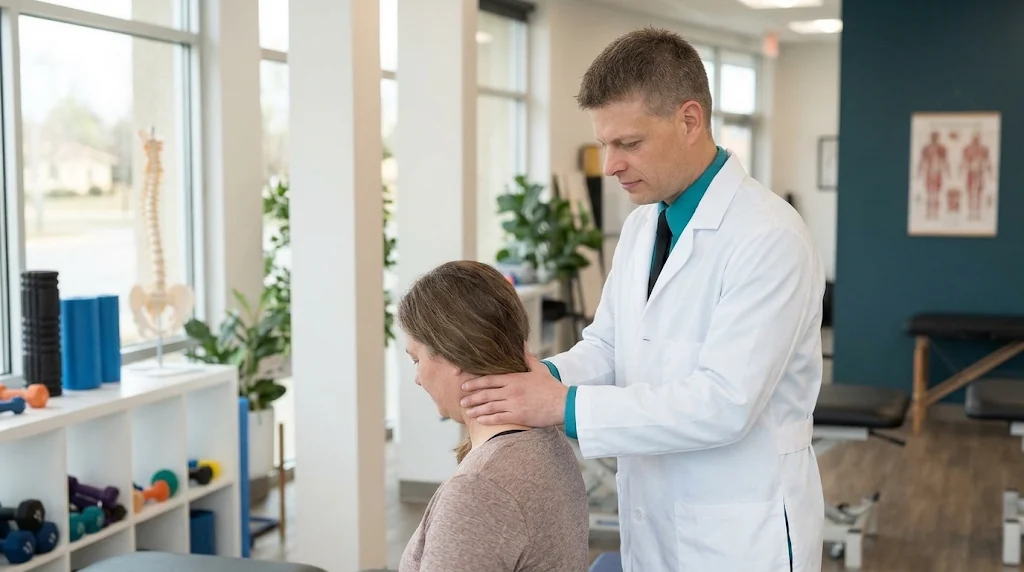 Doctor speaking with a patient in the practice, from the supplied design